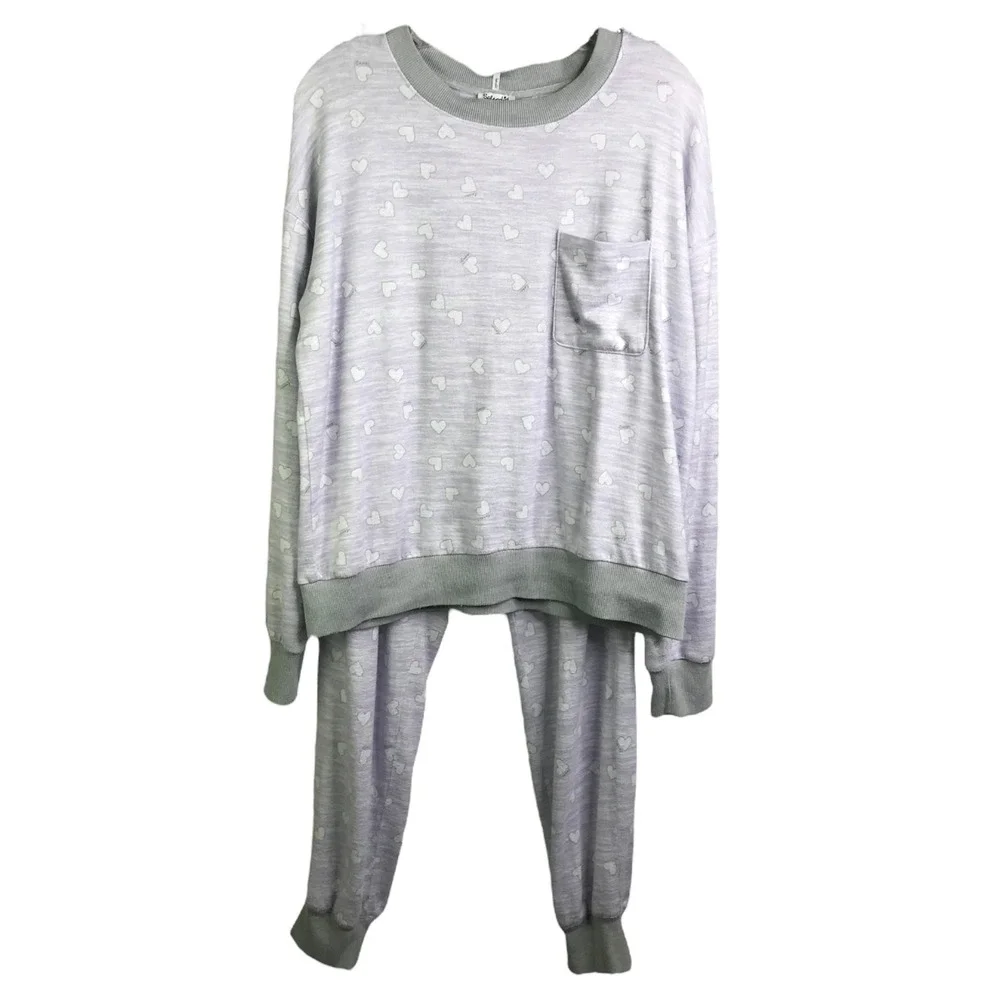 Splendid Womens M Pajama Set Gray‎ Heart Print Long Sleeve Jogger Lounge Sleep